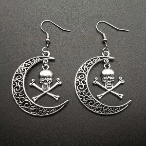 Gothic Skull Crescent Moon Dangle Earrings